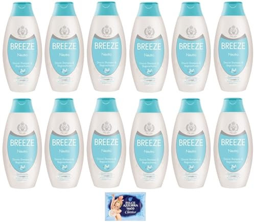 12 x Breeze, neutrales Duschshampoo und Duschgel, reinigt Körper und Haar effektiv, 400 ml + 1 Beutel Talkum Felce Azzurra 100 g