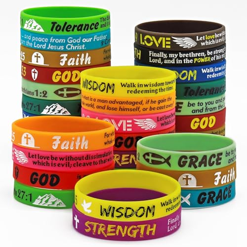 NAHRMY 28 Pièces Bracelets en Silicone de l'Écriture Chrétienne, Bibliques Bracelets en Caoutchouc Inspirant Motivation Bracelet pour Hommes Femmes Adolescents de Fête Faveurs Église Cadeaux