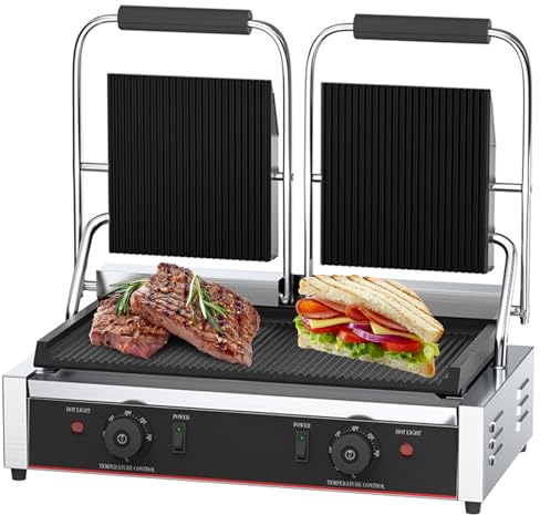 RUYICZB Sandwichera Comercial Eléctrica Panini Press Maker 50-300 ℃ Control De Temperatura Ajustable Superficie Antiadherente Placas De Doble Ranura 3600W Sandwichera Tostadora para Cocina