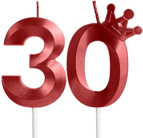 Red 30th Birthday Candles with Crown,Number 30 Candle,30th Birthday Candle for Cake Decorations,Happy Birthday Candle,Cake Candles Cake Topper Decor for Girls Boy Men Women Birthday Party Supply