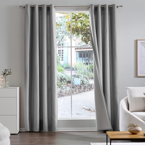 Como Gardinen 2er Set Vorhänge Grau 245 x 140 cm seidenmatter Glanz Blackout verdunkelnd - Blickdichte Ösenschals aus Polyester Wohnzimmer Kinderzimmer Schlafzimmer Büro