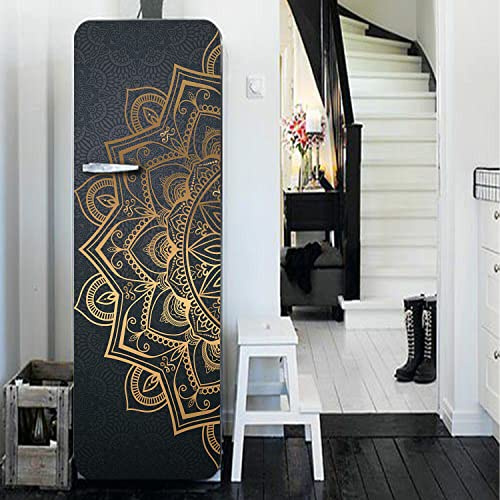 Alwayspon Adesivo in vinile per frigorifero, stacca e attacca la porta del frigorifero, rimovibile, motivo geometrico con foglie di ginkgo verde e oro, 28,6 x 163 cm, 2 pezzi