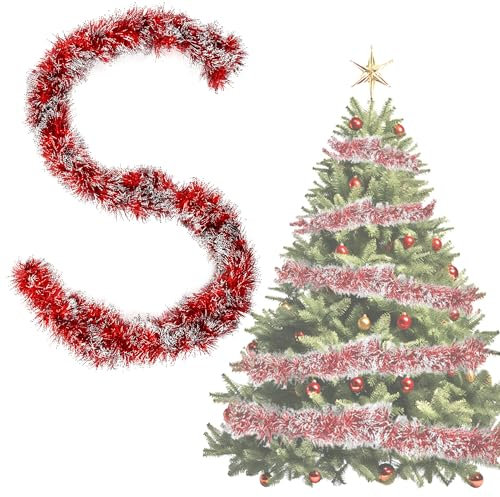 Lametta Weihnachtsbaum Rot & Weiß 4X 3M Girlande Weihnachten Lametta Ø 9 cm,Glänzend Weihnachtsgirlanden Tannengirlande Weihnachtsbaumschmuck Rot Weihnachtsdeko Christbaumschmuck Girlande