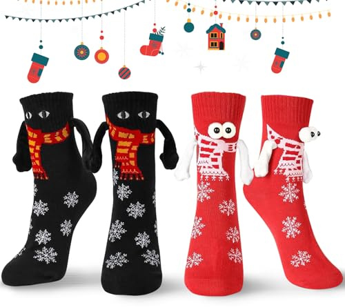 HXUING 2 Paar Weihnachtssocken mit Magnetarmen, Lustige Magnetische Weihnachten Socken 3D Magnetische Freundschaftssocken Unisex, Weihnachten Geschenk für Paare Familie