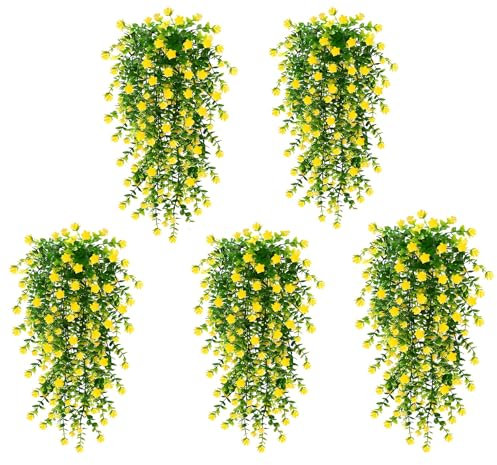 AGSYFFD 5pcs Artificial Hanging Plants Flowers UV-Resistant, Fake Hanging Flowers for Outdoor Indoor Wall Decor, Trailing Plants for Wedding Greenery Patio Home Room Decoration (Yellow)