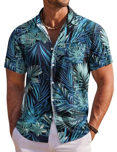 COOFANDY Men's Hawaiian Shirts Short Sleeve Shirts Summer Shirts for Men Tropical Holiday Beach Shirts with Front Pocket Blue Green Leaf L