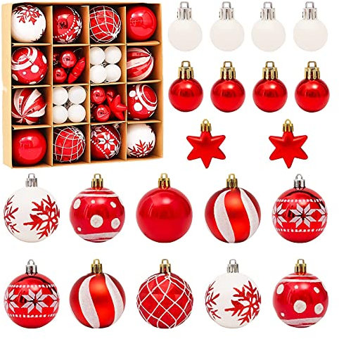 SAMSYOKI palline di natale rosso e bianco, addobbi albero di natale infrangibile in plastica, palline per albero di natale da 3/6 cm, ornamenti per decorazione dell'albero di natale