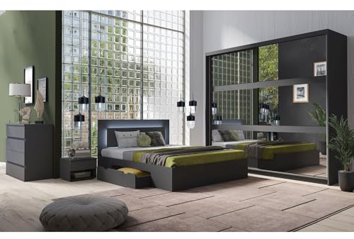 Lomadox Schlafzimmer Set 5-teilig mit Bett 180x200, 2 Nachttische, Kommode, Schwebetürenschrank in Graphit