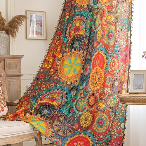 Erbnaryx Boho-Vorhänge, geometrische Lichtfilterung, halbverdunkelnd, Fenstervorhänge, 183 cm, Lange Stangentaschen, Vorhänge für Wohnzimmer, 2 Paneele, bunt gepunktet