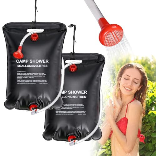 Inoamity Sac de Douche Solaire Portable 20L Camping - Chauffage Rapide à 45°C avec Flexible Amovible, Tête Réglable, Pliable pour Randonnée, Escalade, Voyage (20L-2 Pièces)