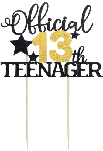 Tyqour Official Teenager 13 Cake Topper 13. Geburtstag Jungen Mädchen Deko Gold Schwarz Official Teenager 13th Birthday Cupcake Toppers Offiziell Teen Glitter für 13. Geburtstag Kuchen Dekoration