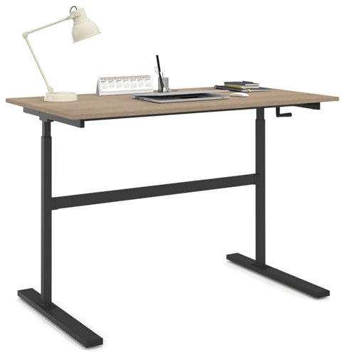 IDMarket - Bureau Droit Jeanne Assis Debout à manivelle Hauteur réglable 70-120 cm Bois façon hêtre et Noir
