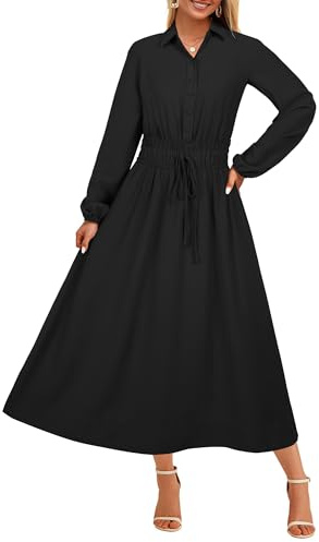 Toplop Damen Kleid Langarm mit V-Ausschnitt & Knopf Knielanges Elegantes Blusenkleid Mit Taschen für Herbst,Frühling & Winter Schwarz M