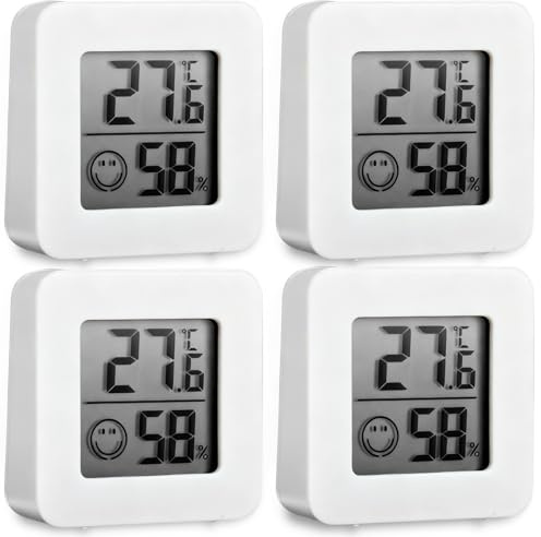 4 Stück Set Mini LCD Thermometer, Digitales Hygrometer Innen, Kabelloses Thermometer und Luftfeuchtigkeitsmesser für Babyzimmer, Wohnzimmer, Büro, Gewächshaus, Weiß