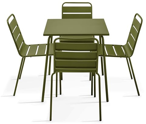 Oviala Ensemble Table de Jardin et 4 chaises en métal Vert Kaki - Palavas