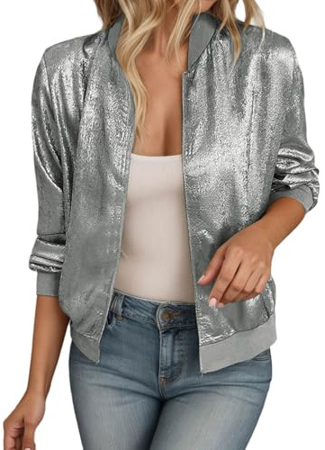 Kswlwccpp 2026 Bomberjacke Damen - Glitzer Blouson Jacke Kurze Elegant Frühlingsjacke Pailletten Metallic Fliegerjacke Pilotenjacke Party Pailettenjacke