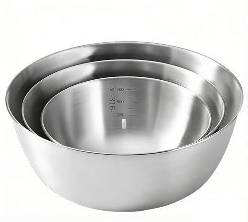 AmzDaKai Stainless Steel Mixing Bowls Set 3 Pcs (23cm/20cm/17cm), Mixing Bowl Set, Heavy-Duty Bowls with Measurement Marks, Non-Slip Bottom & Brushed Finish, Ideal for Preparing Serving Nesting