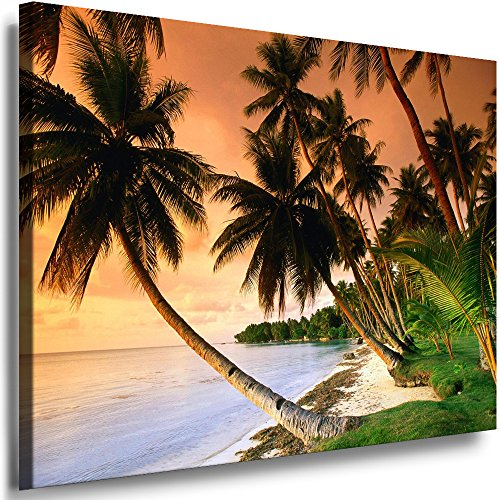Julia-Art Leinwandbilder Landschaft Bild 100 x 70 x 2 cm - Wandbild 1 teilig - Wand Deko Modern Design Kunstdruck Palmen Strand Meer HR90-5