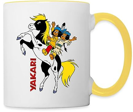 Spreadshirt Yakari Und Regenbogen Auf Pferd Kleiner Donner Tasse Zweifarbig, One size, Weiß/Gelb