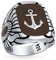 Nautische Geätzte Braunen Holzeinsatz Großen Boot Anker Signet Ring Für Männer Massiv .925 Sterling Silber Hergestellt In Turkey