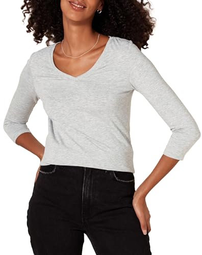 Amazon Essentials Women's Regular-Fit 3/4 Sleeve V-Neck T-Shirt (Available in Plus Size), Light Grey Heather, XXL