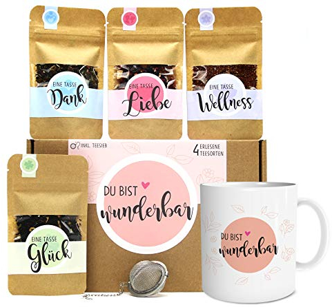 OWLBOOK® Tee Geschenkset Du bist Wunderbar | Tee Geschenke für Frauen als Geburtstagsgeschenk Muttertagsgeschenke | Teebox mit 4 Teesorten & Tee-Ei & Tasse