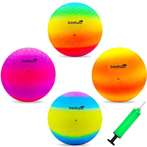 Beetwo Four Square Balls, 8.5 Inch Playground Ball for Kids Outdoor Dodgeball Kickball Handball Game with Hand Pump (4 Pack)