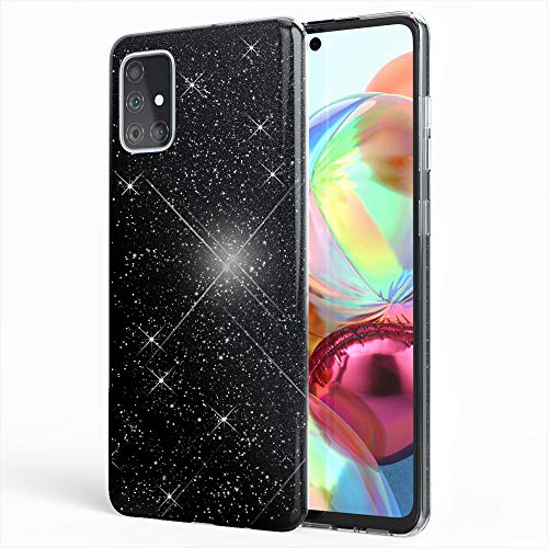 NALIA Glitzer Handyhülle kompatibel mit Samsung Galaxy A71 Hülle, Bling Silikon Cover Case Glänzend Glitter Bumper Phone Etui, Telefon Strass Diamant Backcover Handy-Tasche Schutzhülle, Farbe:Schwarz