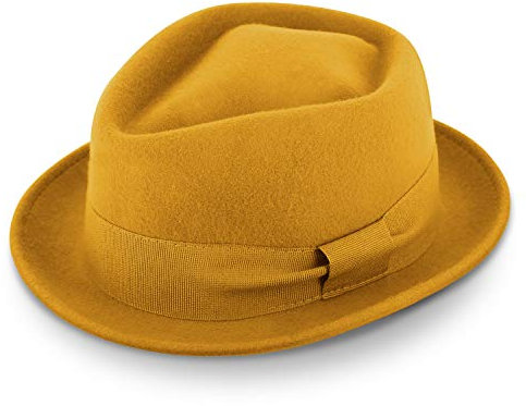 fiebig Medlock Pork Pie Diamond mit Ripsband | 100% Wollfilzhut für Damen und Herren | Angenehm Leichter Sitz im Sommer und Winter | Wollfilzhut Made in Italy (57-M, Gelb)