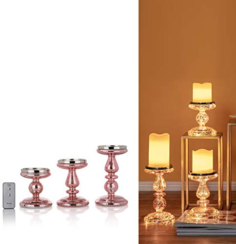 (Rosegold/3) 3er Set Kerzenständer/Kerzenhalter mit LED-Beleuchtung und Timer. Wählbar in Gold oder Silber, Geeignet für Stumpenkerzen…