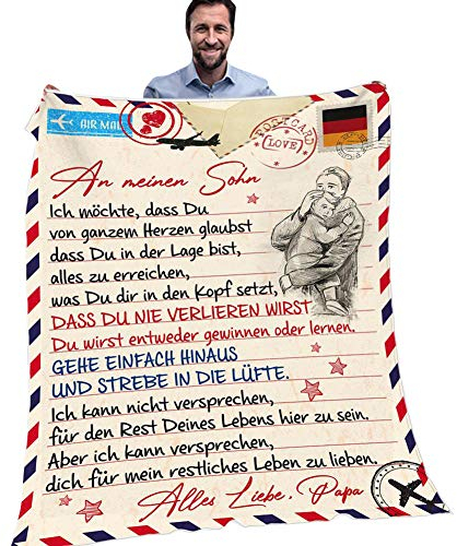 JAWSEU Personalisierte Fleecedecke An Meine Sohn von Papa Deutsche Nachricht Decke Gedruckt Luftpost Flanell Wolle Decke,Kuscheldecke Fleece Sofadecke Plüsch-Flanell-Decke für Couch Bett,TV-Decke