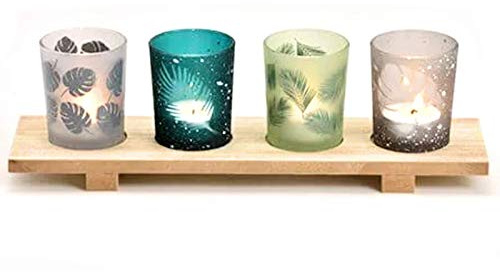 5tlg. Deko-Set Windlichter im Blatt Dekor aus Glas mit Tablett aus Holz – Teelichthalter für Tisch, Fensterbank, Wohnzimmer – Moderne Deko für Zuhause & Geschenkidee (Bunt) B30cm x H10cm x T8cm