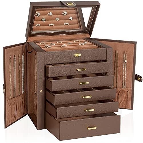 Akozlin Extra große Schmuckschatulle mit 6 Ebenen, Organizer mit Spiegel, 5 Schubladen, Leder-Schmuck-Aufbewahrungsbox für Damen, Mädchen, Ringe, Halsketten, Ohrringe, Armbänder, braun