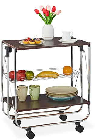 Relaxdays Servierwagen, klappbar, 4 Rollen, 2 Böden, mit Gitterkorb, HxBxT: 70 x 68 x 40 cm, Küchenwagen, braun/Silber