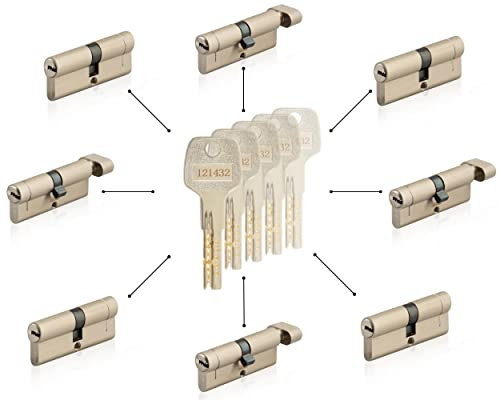 GERCAR Pro Schließanlage 8er gleichschließend nach Wunsch kombinierbar aus 8 Profilzylinder oder Knaufzylinder 60/70 / 80/90 mm inkl. 5 Hauptschlüssel - One Key System frei konfigurieren