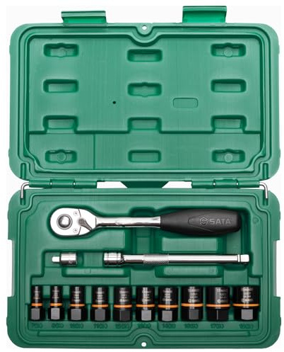 SATA ST09137 13 Pc 1/4 and 3/8 BoltBiter Bolt and Nut Extraction Set, with Bidirectional Design to Remove and Reuse Damaged Fasteners, Covered by Lifetime Warranty, Green.