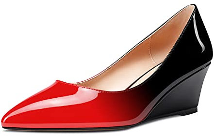 Aachcol Donna Zeppa Medio Tacco Heel a Punta Pumps Slip-on Scarpe da Matrimonio Feste 5 CM Rosso Nero Verniciata 39 EU