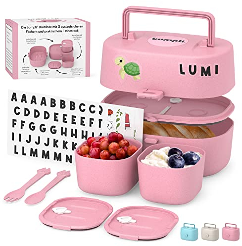 bumpli® Brotdose Kinder mit Fächern inkl. GRATIS Namensticker - 100% BPA-Frei - Bento Box Kinder, Brotbox für Mädchen & Jungen, Snackbox, Perfekt für Schule, Kindergarten & Ausflüge