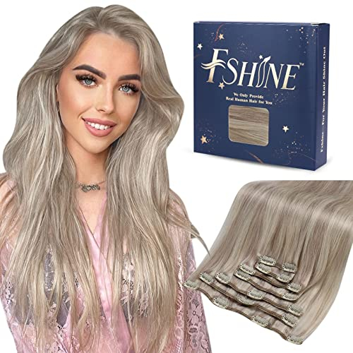 Fshine Clip in Extensions Echthaar 50cm 120g Dreckiges Blond Highlights Bleichblond 7 Stücke Clip in Haarverlängerun Natürliche Echthaar Extensions in der Farbe 18P613