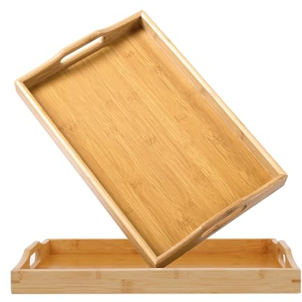 Yvttve Bambus Tablett Serviertablett 2er Set, Groß und Klein Holz Tablett mit Griffen, Rechteckig Küchentablett (42 × 32 cm, 38 × 25 cm)