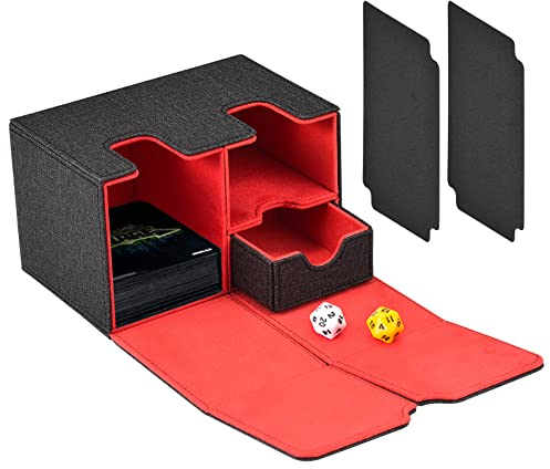 Deck Box für Magic the Gathering Karten, Sammelkarten Box für 200+ Karten mit Würfelfach 2 Trennfächer, Magnetische Kartenbox Kompatibel mit MTG TCG Commander PTCG für Sammeln und Tauschen (Rot)