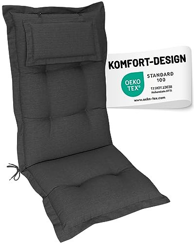 Herlag Hochlehner-Gartenstuhlauflage AVA 123x50x9cm | Extra Dicke Sitzauflagen 9 cm mit Kopfpolster | Polsterauflage mit Deluxe-Komfort | Öko Tex 100 | 1 Polster | Anthrazit