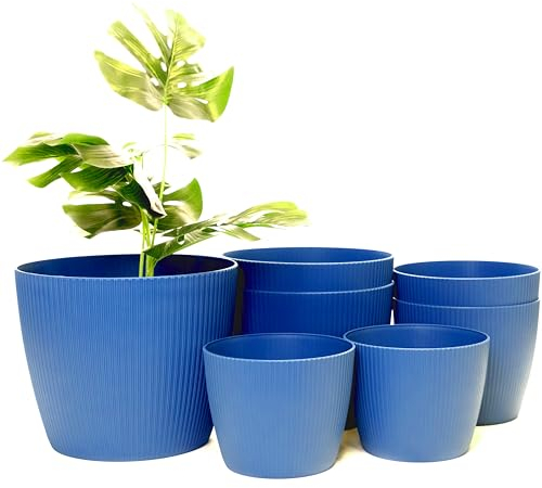Home Garden Ornaments Plant Pots Indoor Set of 7 (14,14cm,16,16cm,18,18cm,22cm)-Indoor Plant Pot of Striped Decorative Flower Pot – (Colour Navy Blue)
