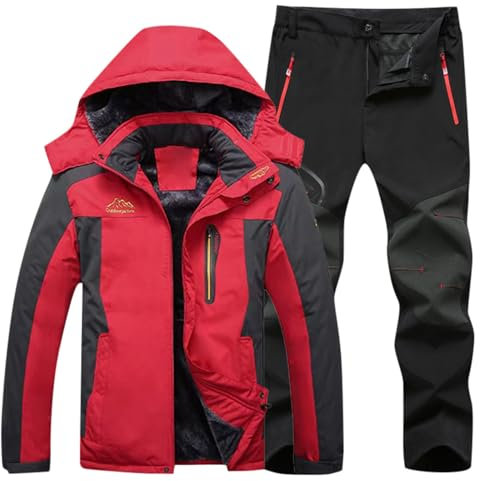 Celucke Skiganzug Herren Winter Zweiteiliger Ski Jacke Schneehose Set Warmes Wasserdichtes Winddichtes Schnee 2 Teilig Set mit Kapuze Outdoor Mode Schneeanzug Zum Skifahren Skisuit