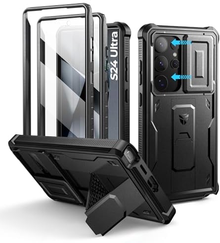 Dexnor Kompatibel mit Samsung Galaxy S24 Ultra Hülle mit Eingebaute Schiebekamera Abdeckung&Displayschutz&Kickstand, Schwerlast Stoßfestes Robustes Ganzkörper Stoßfänger Handyhülle - Schwarz