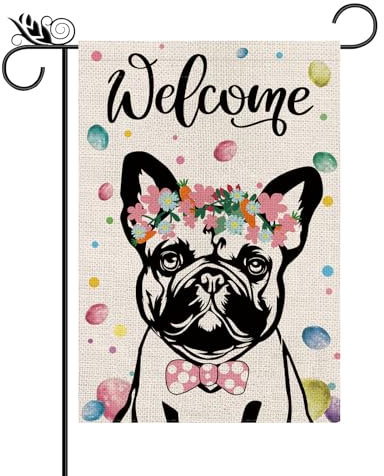 Oster-Gartenflagge, Osterei, französische Bulldogge, doppelseitige Flaggen für draußen, Willkommensfeiertage, Blumen, Outdoor, Rasen, Hof, Dekorationen, 32,5 x 45,7 cm