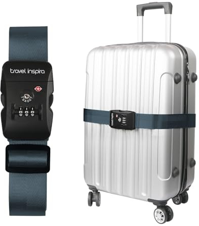 travel inspira Sangle Valise TSA, Ceinture Valise Voyage Sécurité (Marin) | avec Serrure à 3 Cadrans, Facile à Identifier, Réglable de 195 cm pour Valises 20-32 Pouce, Bagages à Main, Cadeau Voyage