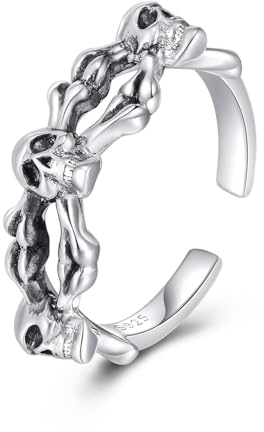 ONEFINITY Totenkopf Ring Damen 925 Sterling Silber Skelett Totenkopf Einstellbare Ringe Gothic Punk Schmuck Geschenk für Damen Herren