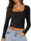 EMOTTOS Women Y2k Low-Cut Tops- Sexy Square Neck Lace Patchwork T-Shirt, Elegant Slim Fit Basic Blouse Long Sleeve with Bow Tie(Black-S)