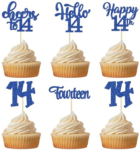 Cupcake-Topper zum 14. Geburtstag, Hello 14, Cupcake-Picks, vierzehn Prost bis 14 Jahre, Kuchendekorationen für 14. Geburtstag, Jahrestag, Partyzubehör, dunkelblauer Glitzer, 30 Stück